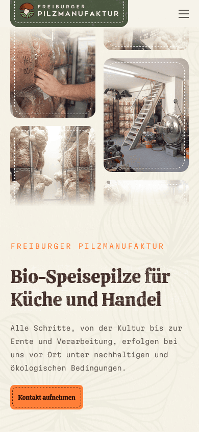 Mobile Ansicht der von bombig.net entwickelten Website der Freiburger Pilzmanufaktur