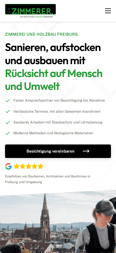 Mobile Ansicht der von bombig.net entwickelten Website von Der Zimmerer Freiburg